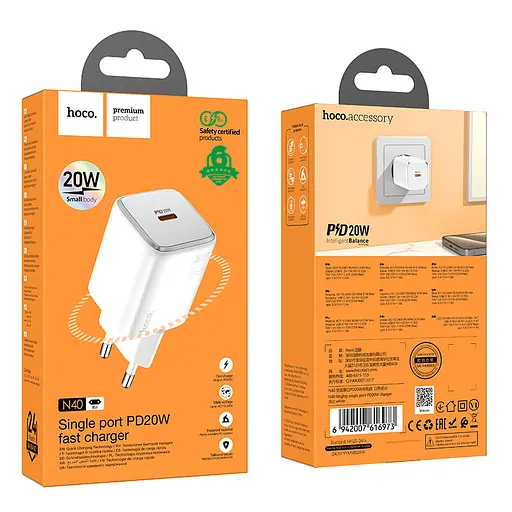 Мережевий зарядний пристрій Hoco N40 Mighty single port PD20W charger(EU) Білий - фото 2
