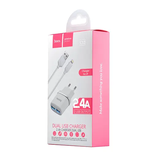 Мережевий зарядний пристрій Hoco C12 Smart dual USB charger set with Lightning cable ( EU ) 2USB 2.4A Білий - фото 2