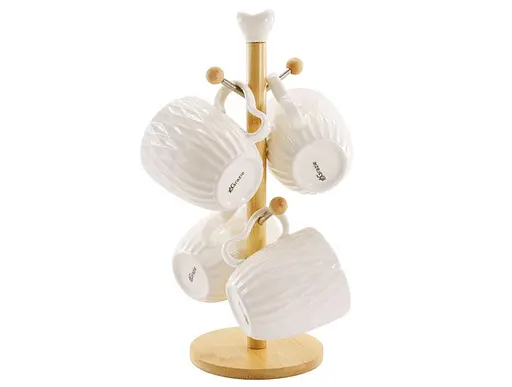 Набор кружек на деревянной стойке фарфоровой Grazie 4 предмета по 300 мл белый (PJ03820)