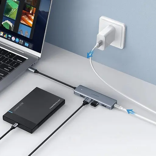 Usb концентратор хаб Ugreen CM219 4 Port Usb 3.0 Hub with Micro Usb Power Supply серебристый Разветвитель 70336 - фото 2