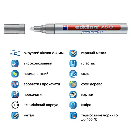 Маркер Edding Paint e-750 2-4 мм круглый серебряный (e-750/54) - фото 4