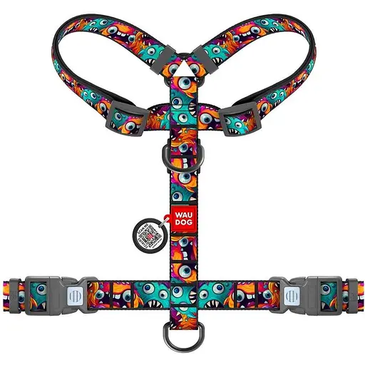 Шлейка для собак Waudog Nylon анатомическая H-образная с QR-паспортом, рисунок "Зубастые монстры", пластиковый фастекс, M - фото 2