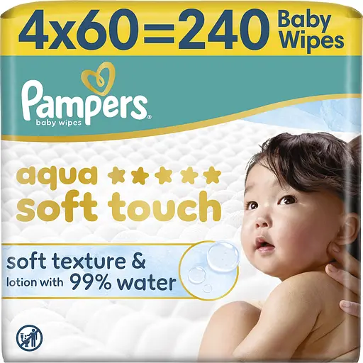 Детские влажные салфетки Pampers Aqua Soft Touch 240 шт. (4 упаковок x 60 шт.) - фото 1