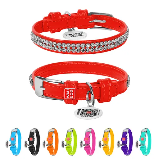 Ошейник для собак кожаный Waudog Glamour с QR-паспортом с украшением "Полотно стразы" XXS Ш 9 мм Д 19-25 см красный - фото 2