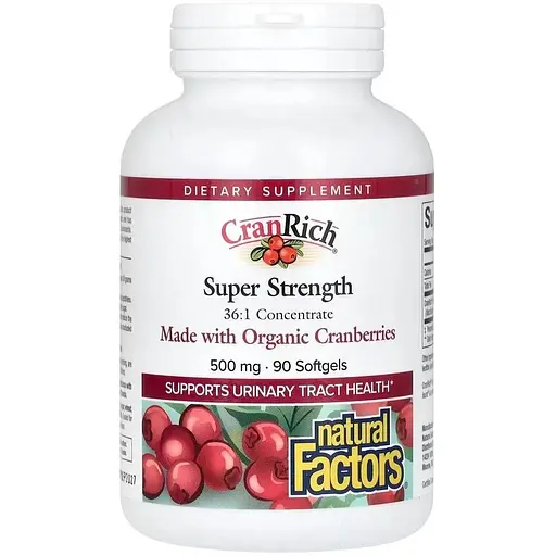 Экстракт клюквы Natural Factors CranRich Cranberry Concentrate Super Strength, 90 гелевых капсул для здоровья мочевыводящих путей
