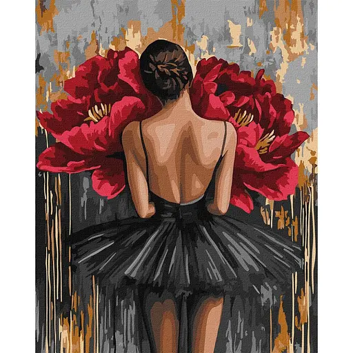 Картина за номерами "Балерина з червоними півоніями з фарбами металік" ©art_selena_ua Ідейка KHO8664, 40x50 см - фото 1