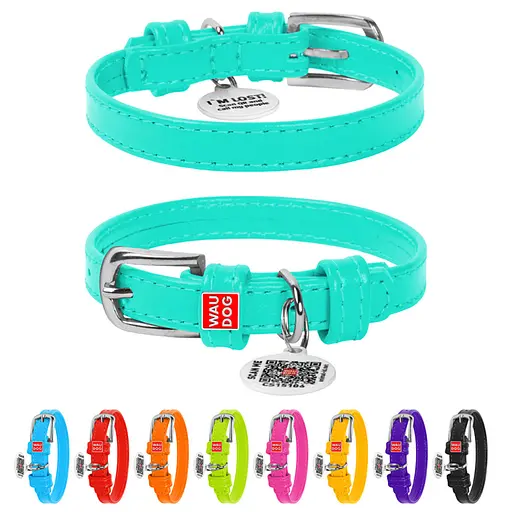 Ошейник для собак кожаный Waudog Glamour с QR-паспортом без украшений XS Ш 12 мм Д 21-29 см ментоловый - фото 2