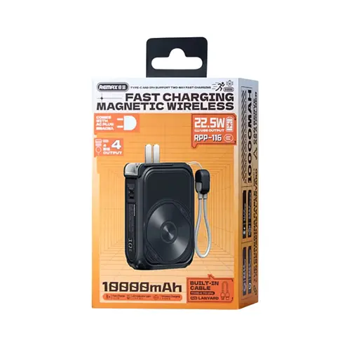 Павербанк-адаптер Remax RPP-116 з вилкою та кабелем / 10000 мАг / 22.5 Вт / USB-C,USB-A,Lightning,MagSafe / PD+QC / Чорний - фото 8