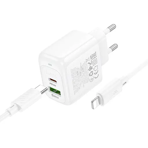 МЗП Hoco CS55A Surplus PD30W+QC3.0 (1USB-A/1C) + кабель Type-C to Lightning White - фото 3