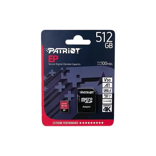 Карта памяти Patriot microSDXC (UHS-1 U3) EP Series 512Gb class 10 V30 (R-100MB/s, W-80MB/s) (adapter SD) (PEF512GEP31MCX) - фото 2