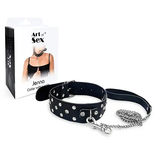Ошейник с поводком из натуральной кожи с заклепками Art of Sex - Jenna Collar with Leash, черный - фото 3