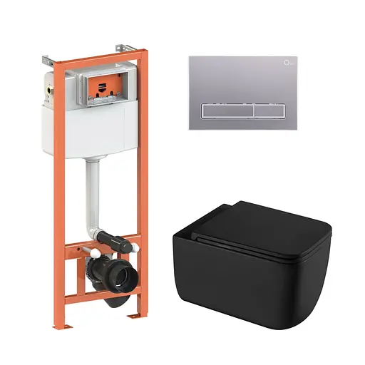 Подвесной унитаз Qtap Gemini Ultra Quiet + инсталляция Qtap Nest 4 в 1 (линейная клавиша Satin), Черный - фото 1