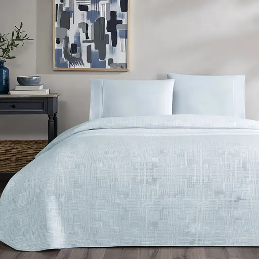 Постельное белье с жаккардовым покрывалом-пике Vignes Blue / простыня на резинке Tac pbe0051416 - фото 1