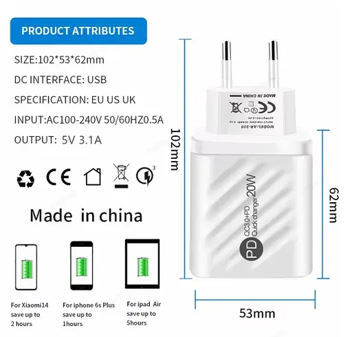 Зарядное устройство 20W на 2 порта 1-USB, 1-PD с экраном White  - фото 3