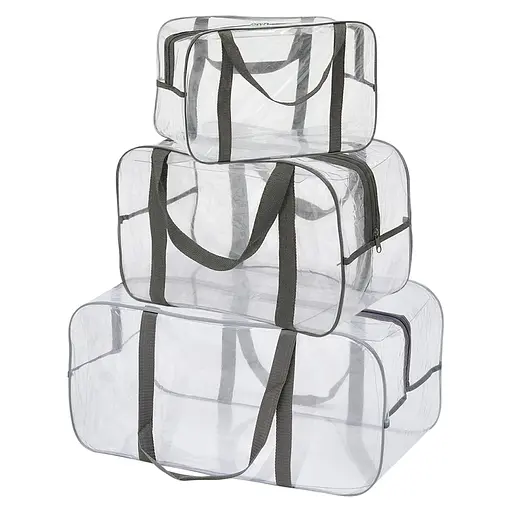 Набор прозрачных сумок в роддом: размер S 30х20х15 см + размер М 40х25х20 см + размер L 50х25х30 см (серые) - фото 1