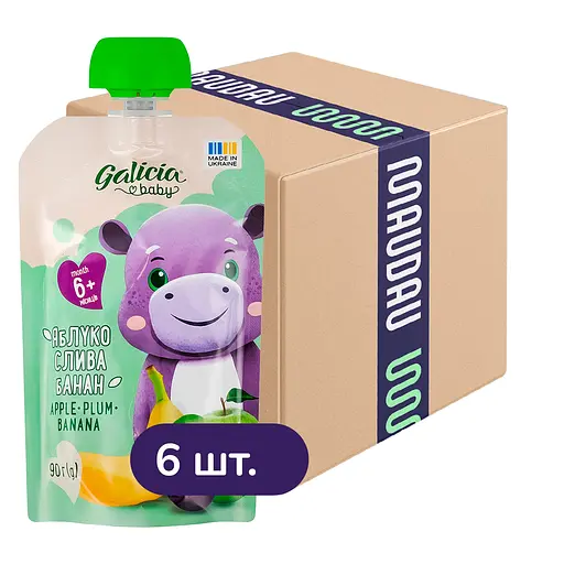 Упаковка натурального яблочно-сливово-бананового пюре Galicia Baby 540 г (90 г x 6 шт.)