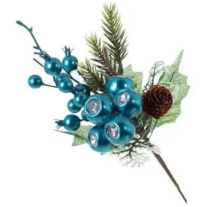 Ветка с хвоей и перламутровыми ягодами голубой цвет 25 см - фото 1