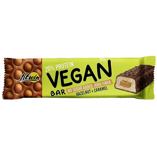 Блок веганских батончиков FitWin Vegan Bar, 12*50 грамм - Карамель-фундук - фото 1