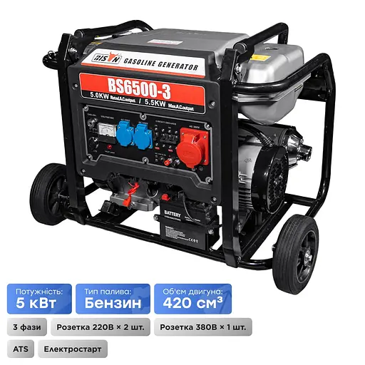 Генератор бензиновый трехфазный 5 кВт Bison BS6500-3 (41-00407) - фото 2