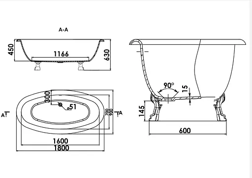 Ванна окремостояча матова Amdcon Olmpa 180x90 біла з литого каменю білі ніжки OLMPA_180_nzhk_MAT Білий матовий - фото 6
