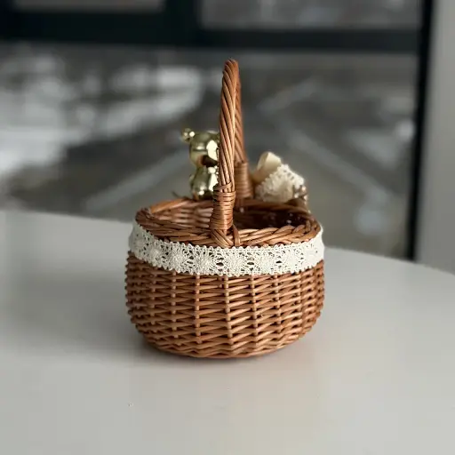 Пасхальная корзина 15х15х19см hand-made MIS LT натуральная с бежевым декором и мишкой - фото 3