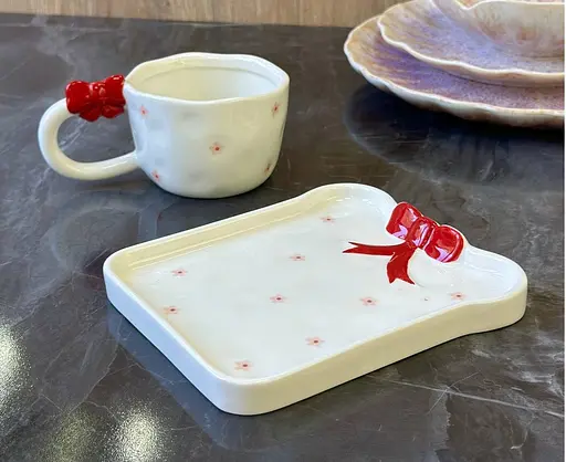 Чашка с блюдцем Olens Красные банты керамическая 220 мл 8030-438 Белый - фото 4