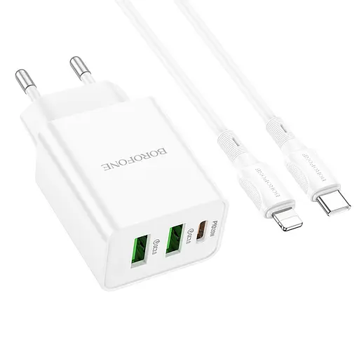Мережевий зарядний пристрій з кабелем Borofone BA70A Quick three-port PD20W(1C2A) charger set(C to iP) білий - фото 3