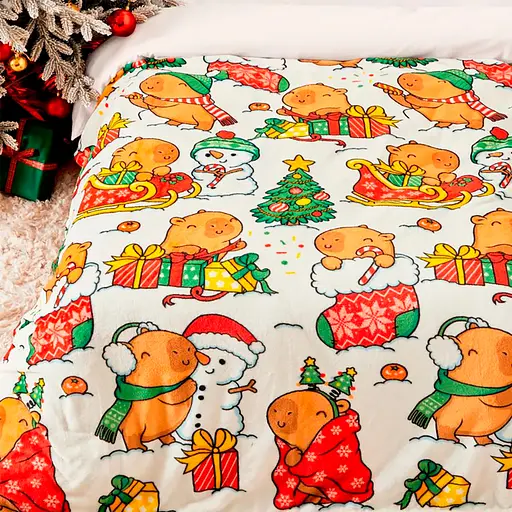 Плед Love You Капибарки и снеговики 150x200 см велсофт молочный с принтом (9118) - фото 4