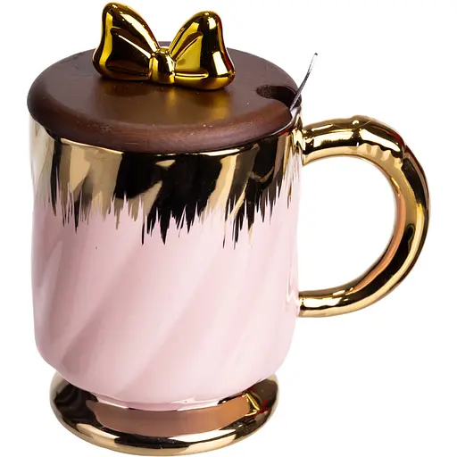 Чашка порцелянова Ribbon 450 мл з кришкою та ложкою рожевий FM-23B