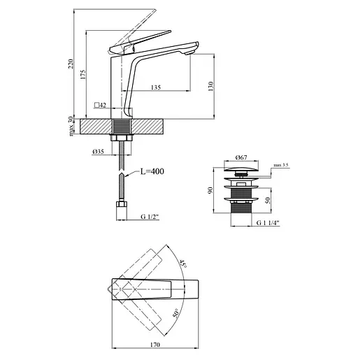 Смеситель для раковины Kroner KRP Ersel-GRP0111BV с донным клапаном (CV035469) - фото 9