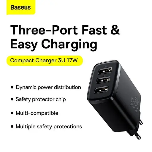 Зарядное устройство – блок адаптер Baseus Compact Charger 3U 17 W EU 3USB (CCXJ020101) - фото 3