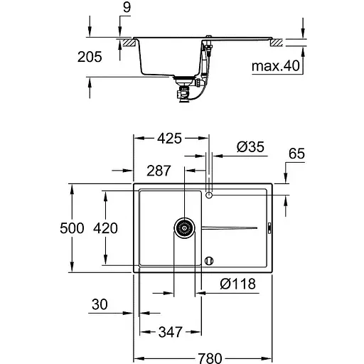 Мийка для кухні Grohe 780 x 500 мм, Granite Black (31639AP0) - фото 2
