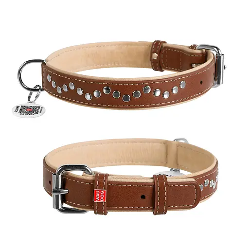 Ошейник для собак кожаный Waudog Soft с QR-паспортом металлические украшения Ш 25 мм Д 38-49 см коричневый