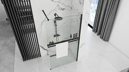 Душова стінка Rea Aero 120 black з полицею Evo REA-K6599 + HOM-00652, прозорий, чорний матовий - фото 2