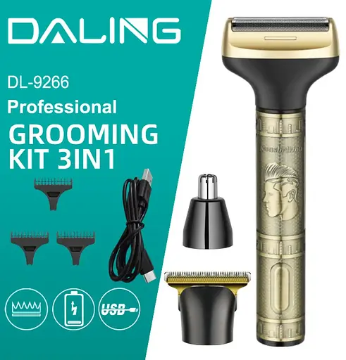 Акумуляторна машинка Daling DL-9266 3 в 1 чоловічий триммер для бороди носа та волосся 5Вт Золото/Чорний - фото 5