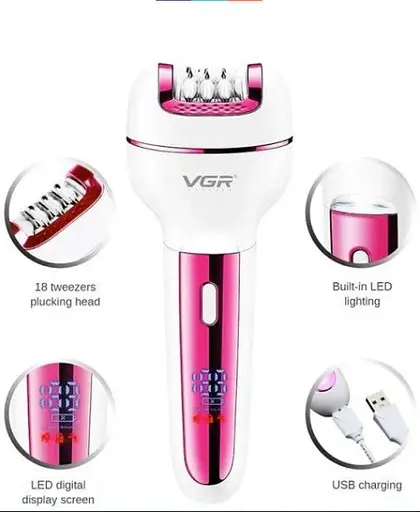 Женский эпилятор VGR V-732 3в1 с насадками (эпиляция, бритва, пемза) Розовый - фото 5