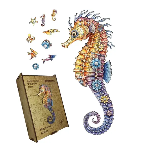 Деревянный фигурный пазл Морской Конек, А1, Деревянная коробка 500+ элементов