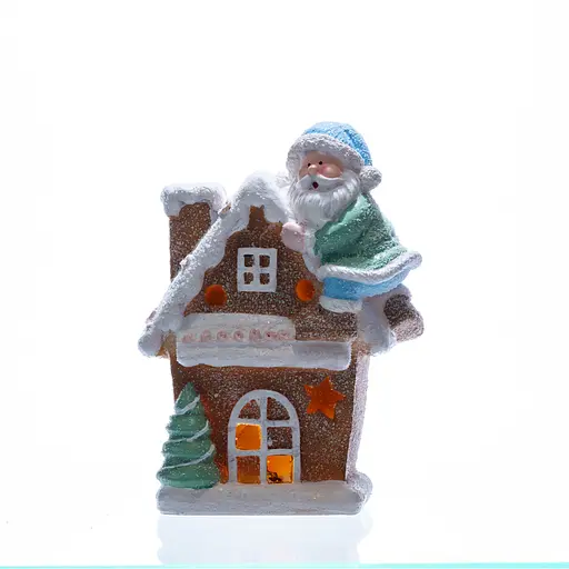 Новорічна декоративна фігурка з підсвічуванням Будиночок з Сантою Yiwu CR-6-6 з порцеляни 14 × 9 × 20 см 