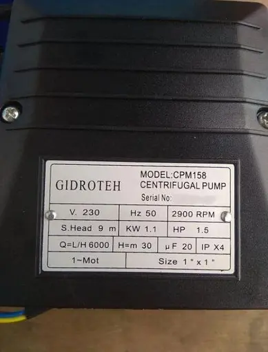 Насос поверхностный центробежный Gidroteh CPM-158 1.1 кВт для полива 30412 - фото 5