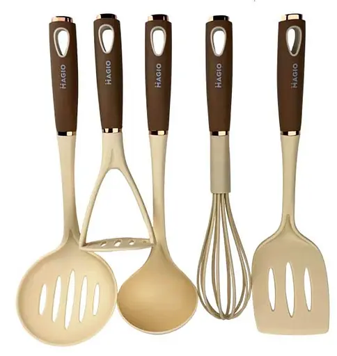 Набір кухонного приладдя Magio MG-1124 на підставці 5 предметів Бежевий - фото 2