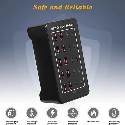 Зарядна станція ILEPO багатопортова на 10 USB портів + 10 Type-C 100 Вт / мережевий мультизарядний пристрій (19017) - фото 7