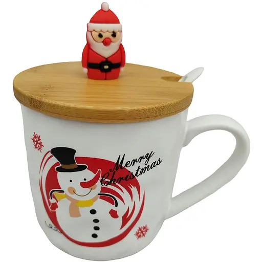 Новорічна чашка Olens 102-1086-3 Новорічна братва кераміка з бамбуковою кришкою та ложкою 380 мл - фото 1