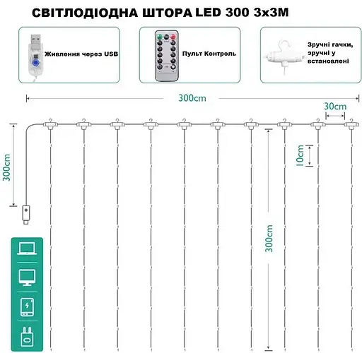 Гирлянда штора Sun Lamp капля росы 3х3 метра 300 LED с пультом и USB питанием, белое свечение - фото 4
