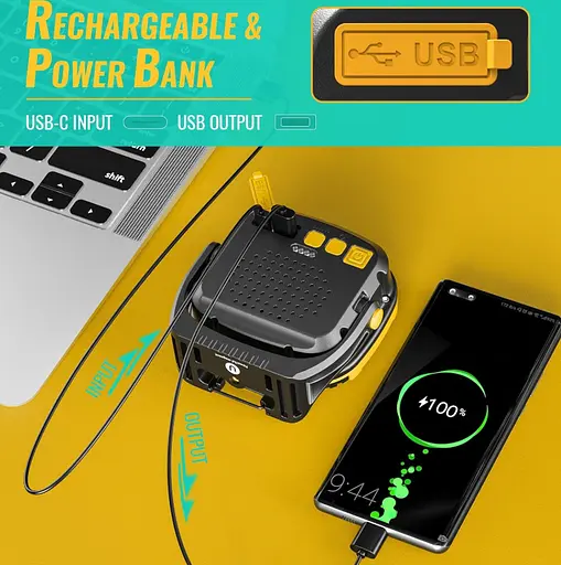 Мощный кемпинговый фонарь W891-1 3COB White+Yellow + 5SMD Red Power Bank 2×18650 Type-C магнит и крючок Желтый - фото 6