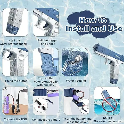 Электрический водяной пистолет высокого давления для детей и взрослых Glock Water Gun синий - фото 2