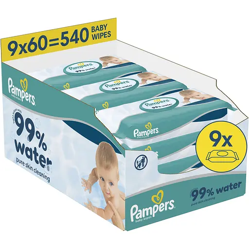 Дитячі вологі серветки Pampers 99% Water 540 шт. (9 упаковок x 60 шт.) - фото 1