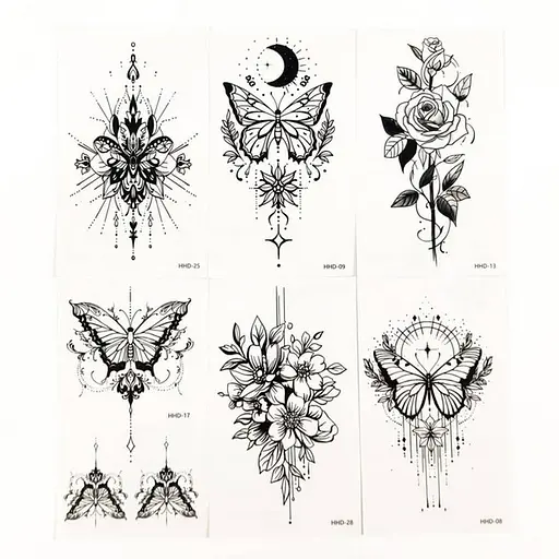 Набор временных тату «Бабочки и цветы №3» Fresh Tattoo black-tattoo-mini-set-f03 из 6 черных по 9,5 х 5,5 см - фото 1