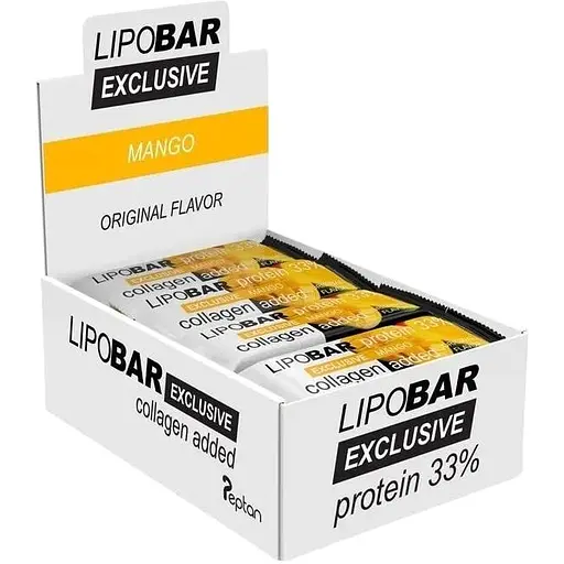 Блок батончиків LipoBar Exclusive Protein Bar, 20*50 грам збагачений біоактивним колагеном Peptan - Манго