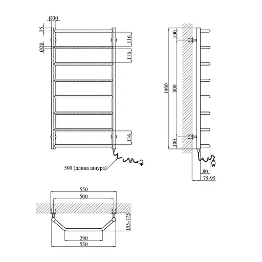 Полотенцесушитель электрический Kroner Трапеция ДТ18ER 1000x500/8 ER CV023841, Хром, Правое - фото 2