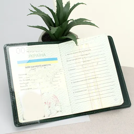 Обложка на военный билет кожаная (зеленая) с прозрачным клапаном - фото 3